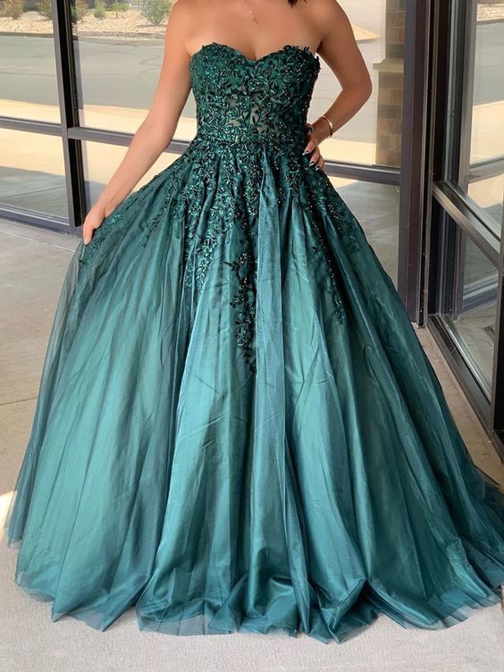 Dark Green Sweetheart Appliques Prom Dress Beaded Ball Gowns Long Evening Dress cg15440