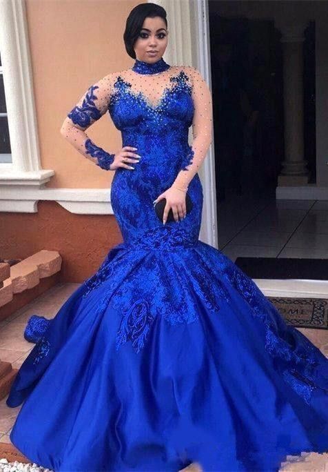 Royal-Blue Long-SleeveProm Dress | Mermaid Lace Evening Gowns cg15444