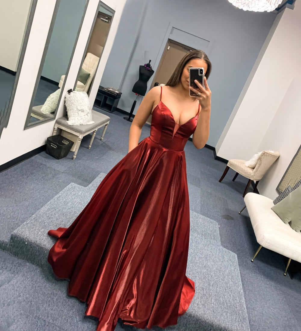 BURGUNDY SATIN LONG PROM DRESS SIMPLE EVENING DRESS cg15454