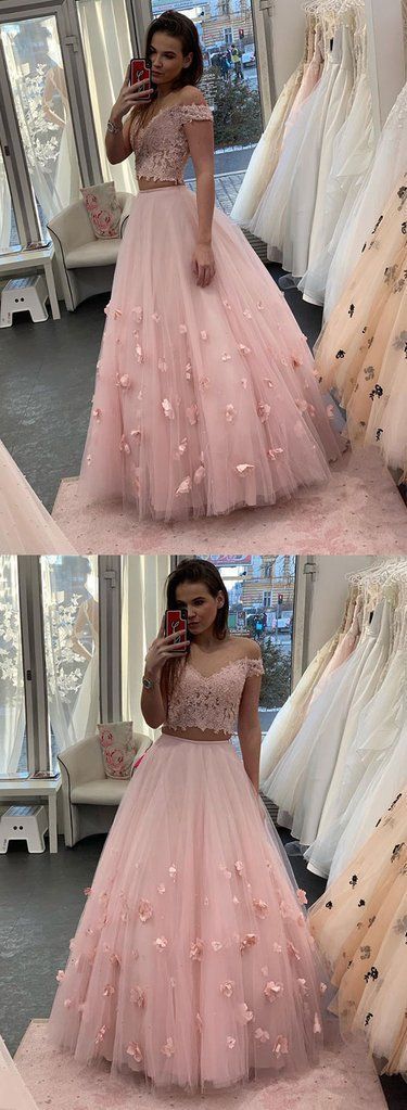 Pink Tulle Off Shoulder Two Pieces Long Prom Dress cg15459