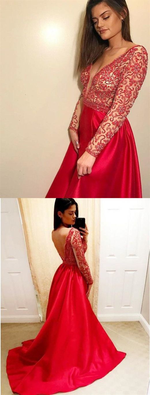 Red V Neck Long Sleeve Beaded Prom Dresses cg15463