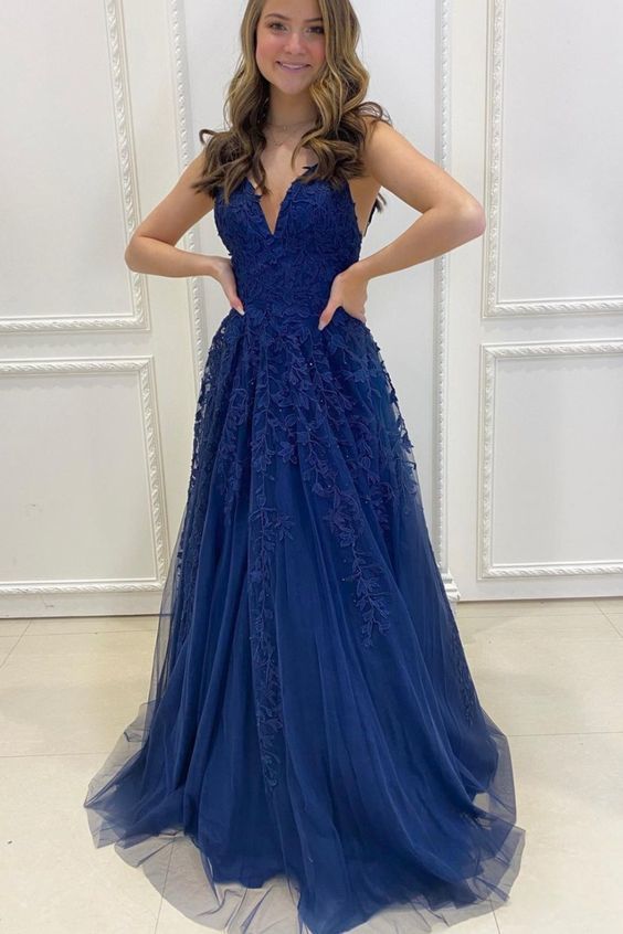 A-line Navy Blue Lace Long Prom Dress Evening Dress cg15469