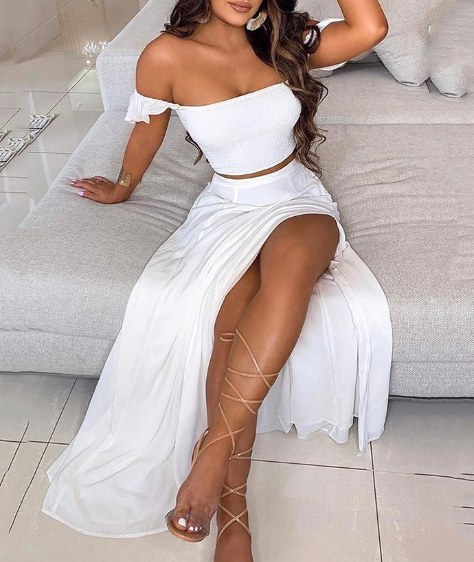 WHITE TWO PIECES PROM DRESS WHITE CHIFFON EVENING DRESS cg15474