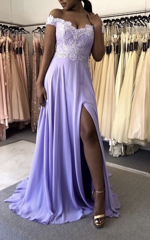 Elegant Lavender Chiffon Prom Dresses Off The Shoulder Evening Gown Lace Appliques Leg Split cg15475