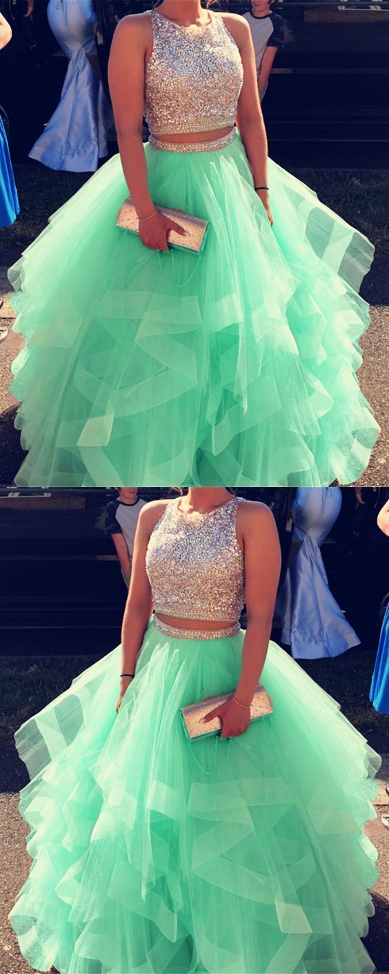 Sparkly Sequins Beaded Organza Layered Ball Gowns Prom Dresses Two Piece cg15496
