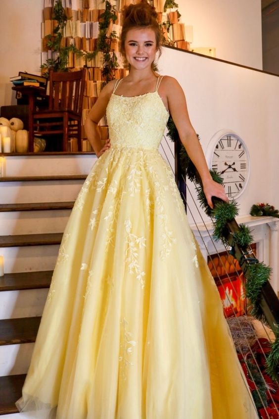 Elegant Yellow Long Prom Dress with Lace Appliques cg15504