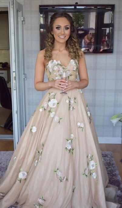 princess long prom dress, champagne long prom dress with floral embroidery cg15505
