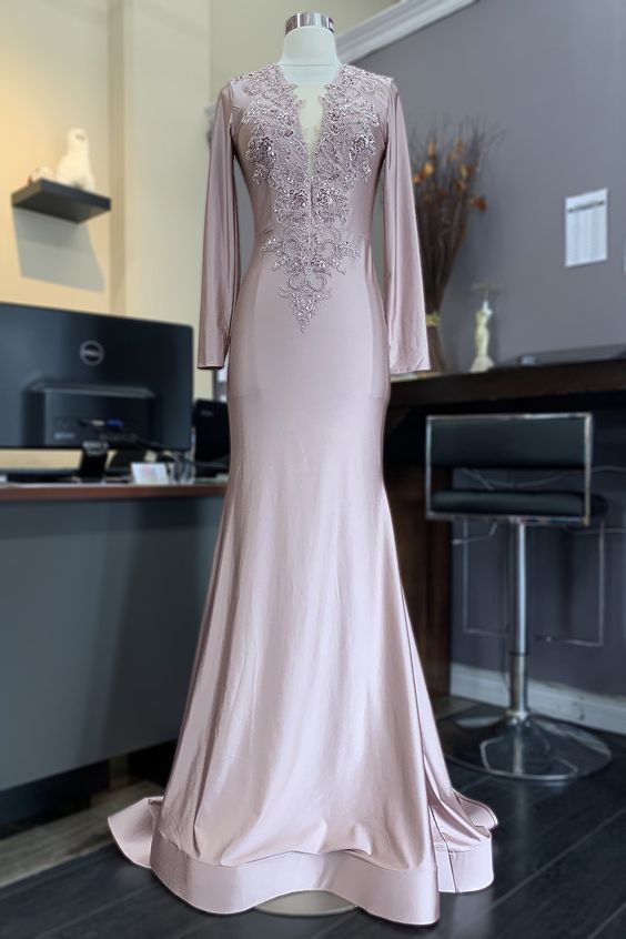 Long Sleeves Satin V-Neckline Mermaid Long Prom Dress cg15527