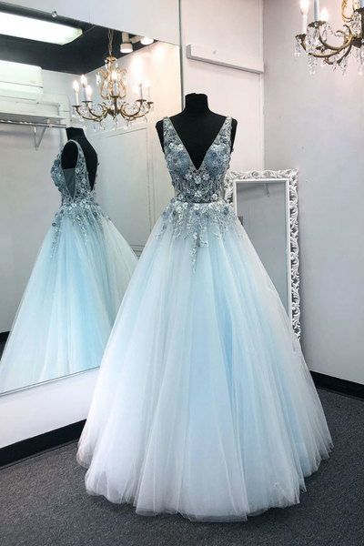Blue v neck tulle lace long prom dress blue formal dress cg15543