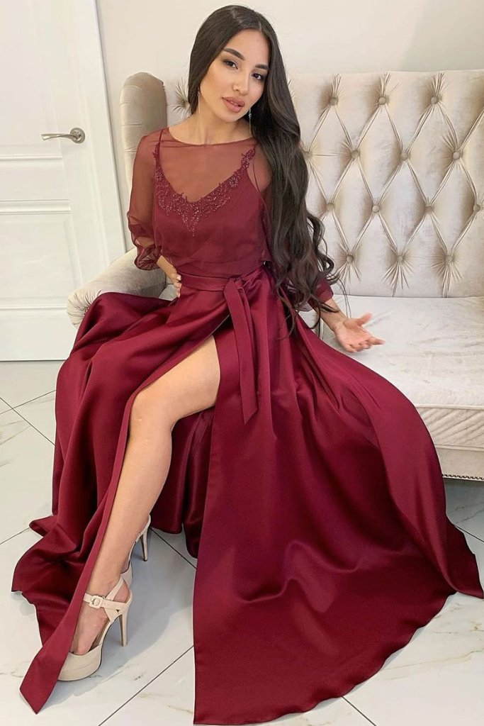 MAROON SATIN LONG PROM DRESS ROUND NECK SATIN EVENING DRESS cg15572