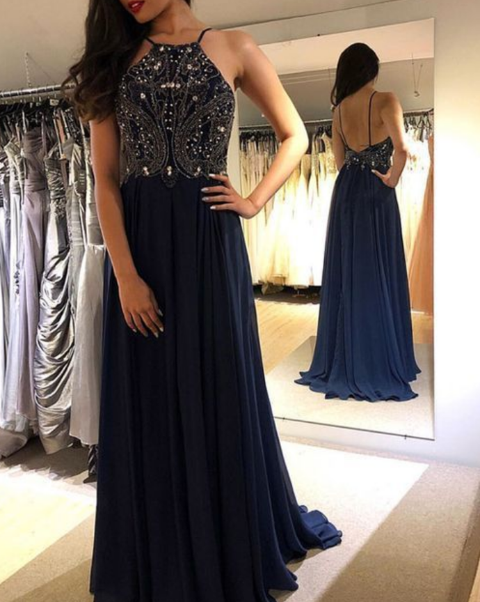A Line Halter Open Back Chiffon Beaded Sparkly Long Prom Dresses, Elegant Evening Dresses cg15602