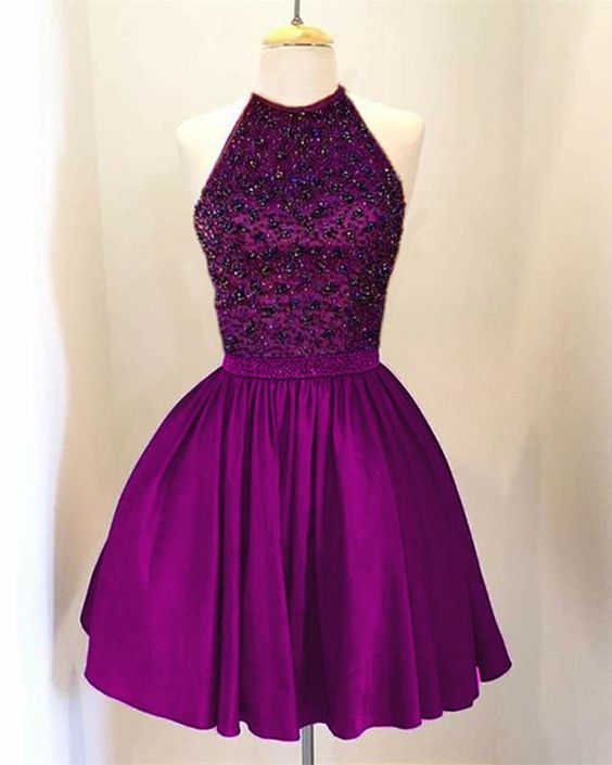 Grape A-line Beaded Halter Satin Homecoming Dresses cg15612