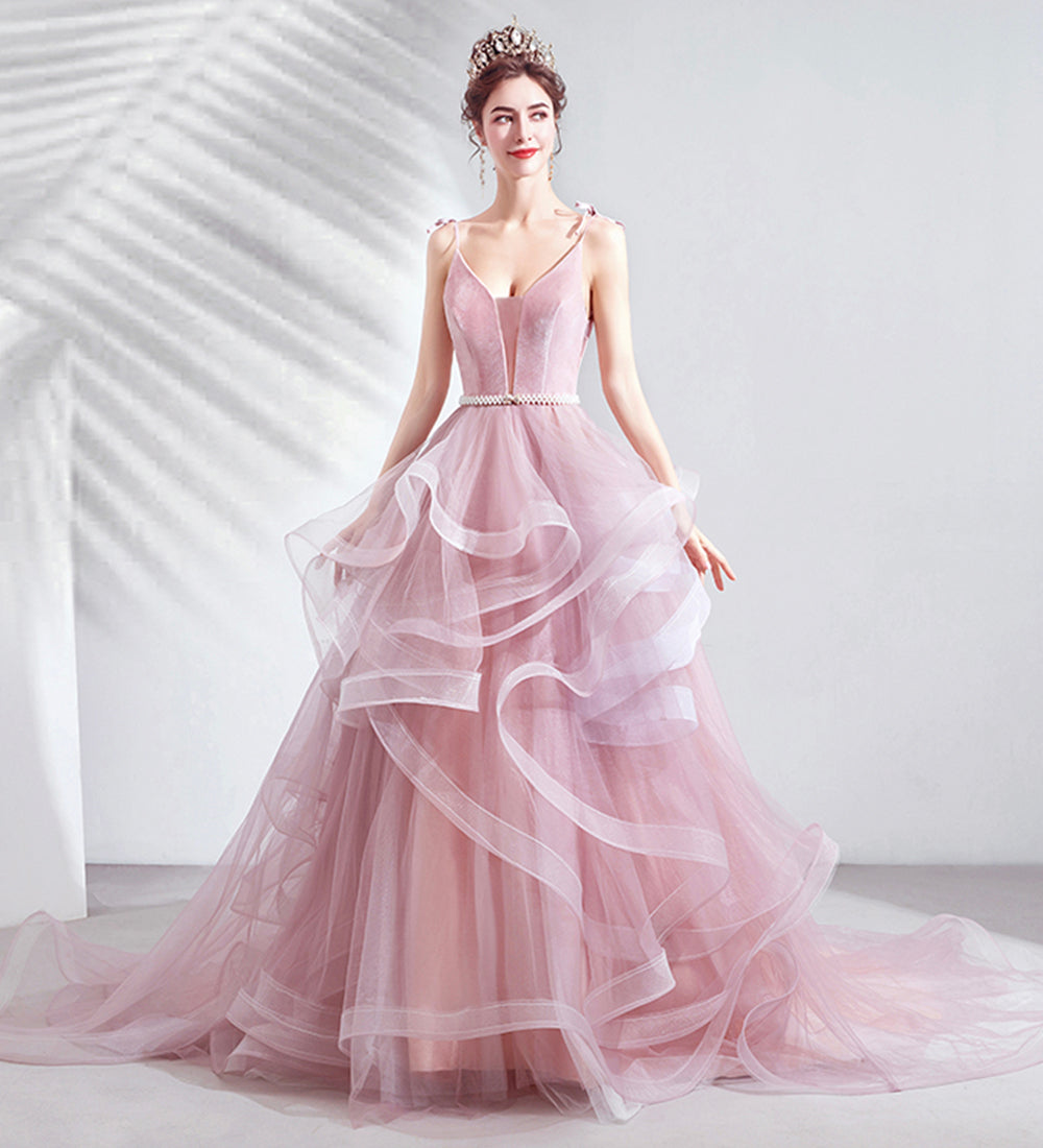 PINK V NECK TULLE LONG BALL GOWN DRESS FORMAL DRESS cg15624