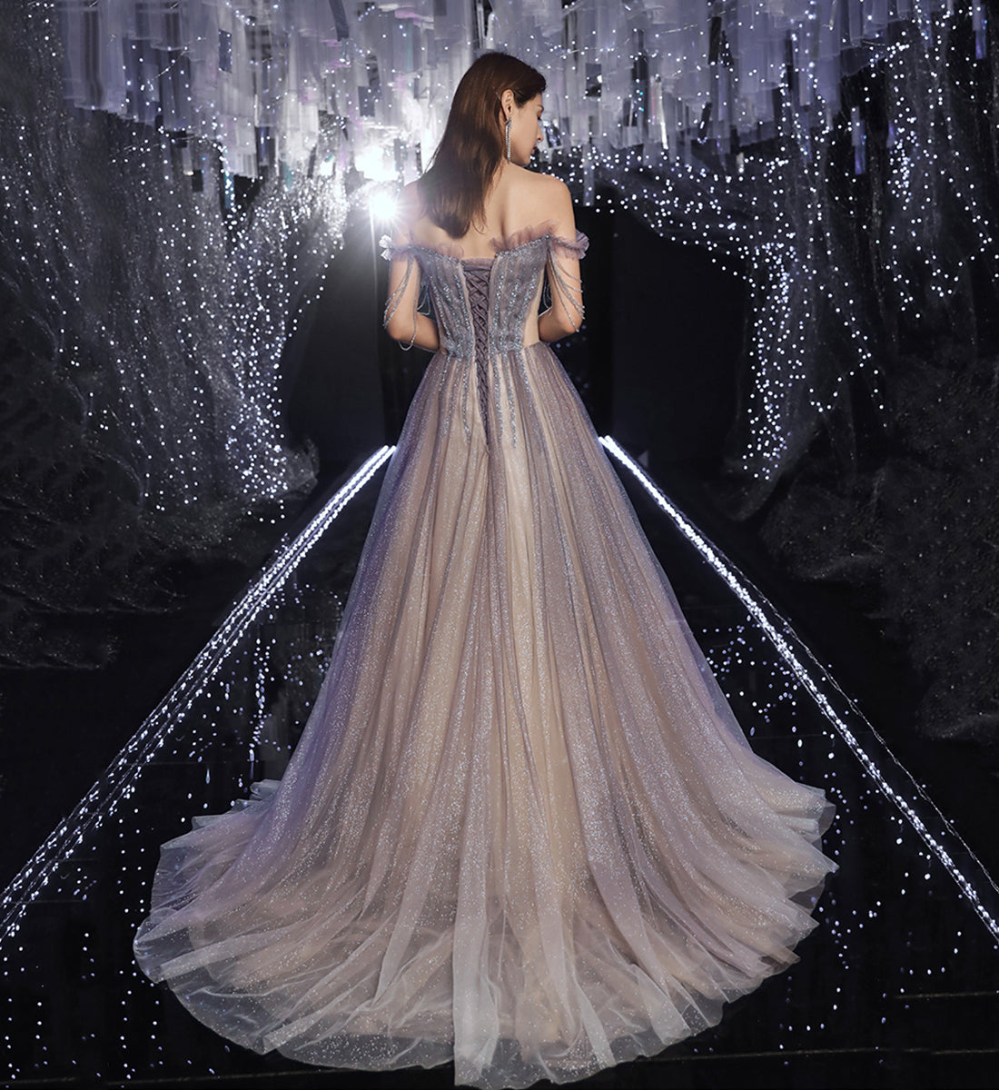 SHINY TULLE SEQUINS LONG PROM DRESS EVENING DRESS cg15626