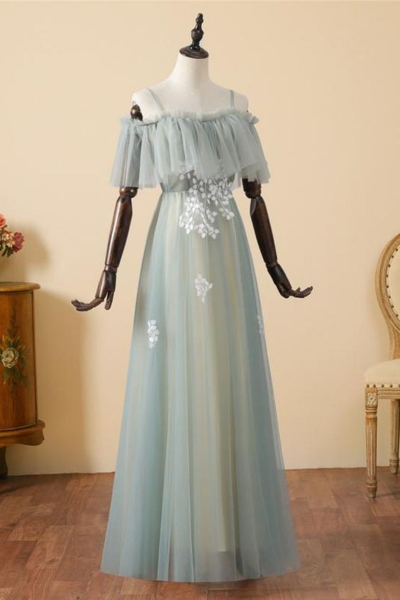 Dusty Blue Lace Appliqued Tulle Long Prom Dress cg15633