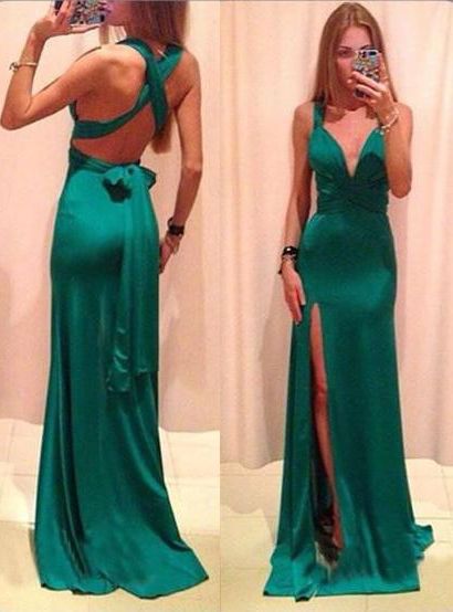 Long Straps High-Slit Stretch Satin Prom Dresses cg15637
