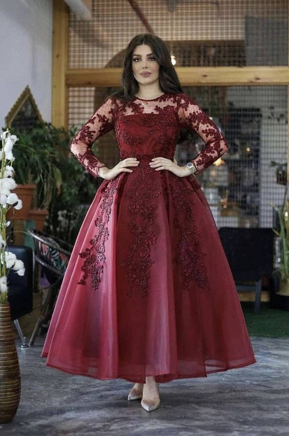 arabic style tulle evening dress ankle length formal prom gown with lace long sleeves cg15657