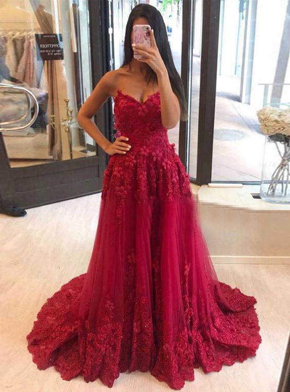 Burgundy Tulle Sweetheart Appliques Long Prom Dress 2021 cg15665