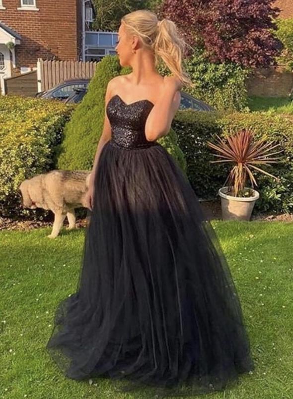 Black tulle sequins long prom dress evening dress cg15677