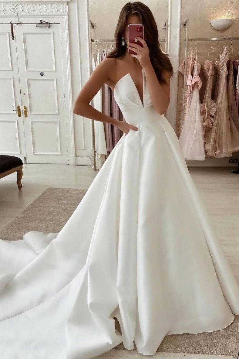 Simple white satin long prom dress white evening dress cg15682