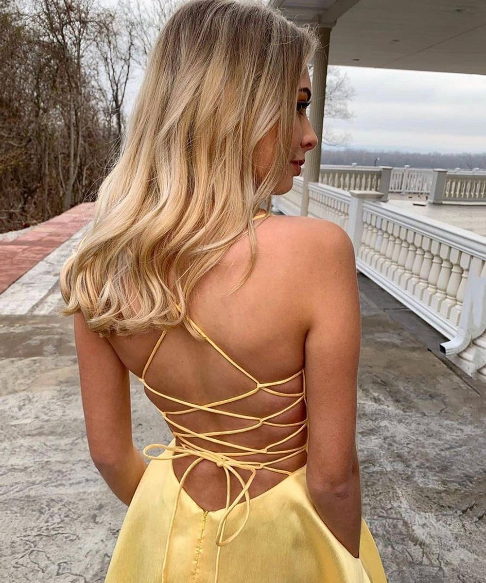 YELLOW SATIN LONG A LINE PROM DRESS EVENING DRESS cg15686