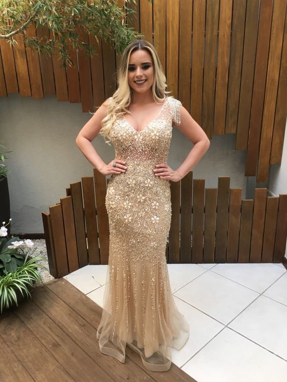 A-line V Neck Mermaid Long Prom Dress, Sparkly Prom Dress cg15690