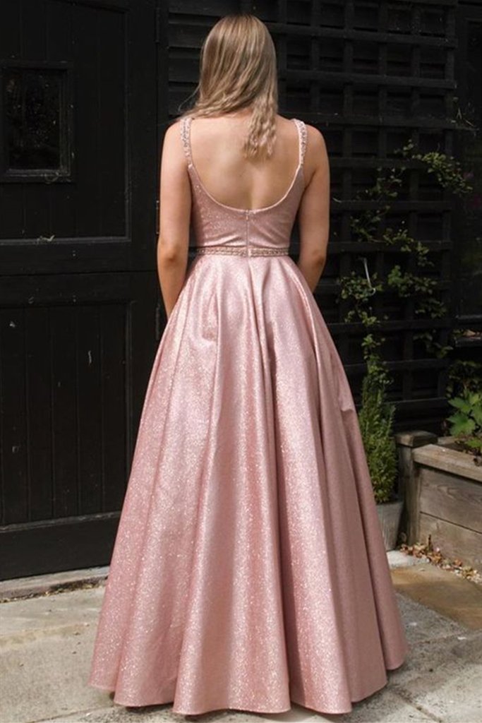 Shiny Open Back Floor Length Long Pink Prom Dress cg15710
