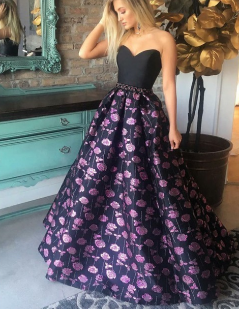Modest Sweetheart Sweep Train Floral Satin Prom Dress cg15711