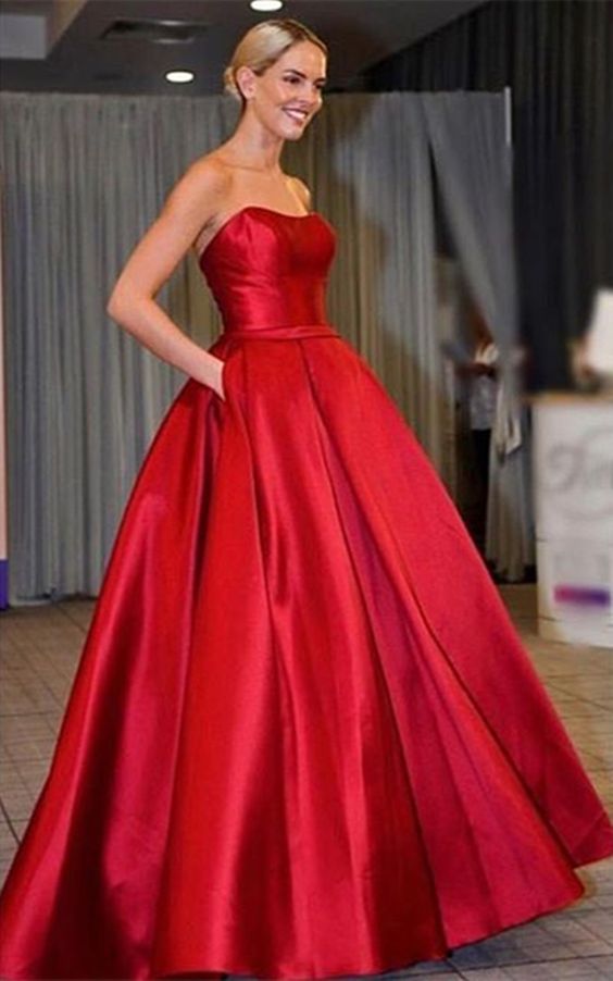 fashion Long Prom Dress red satin pocket strapless long evening party dress cg15721