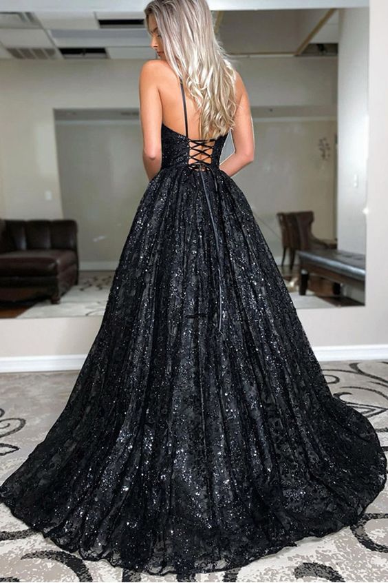 A Line V Neck Spaghetti Straps Black Sequins Prom/Evening Dresses cg15730