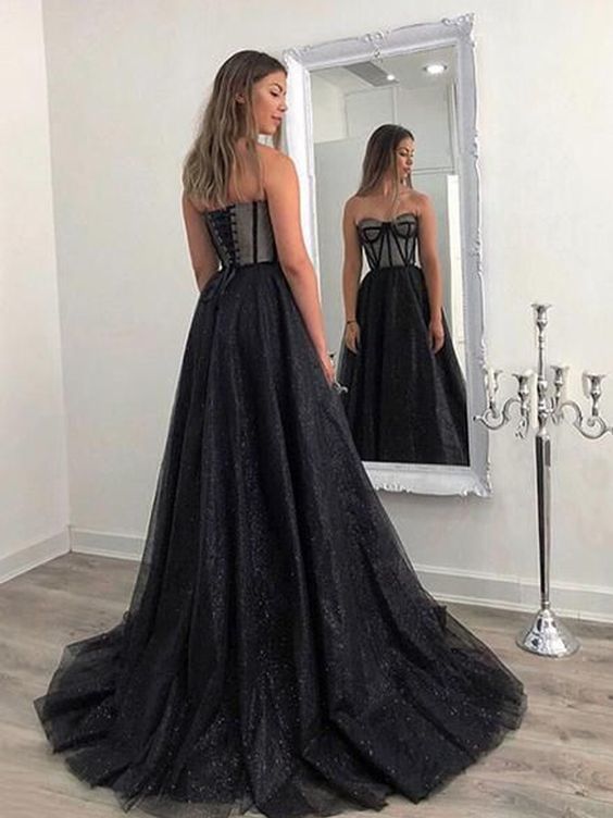 Charming A-Line Sweetheart Black Tulle Long Prom Dresses,Glitter Evening Party Dresses cg15732