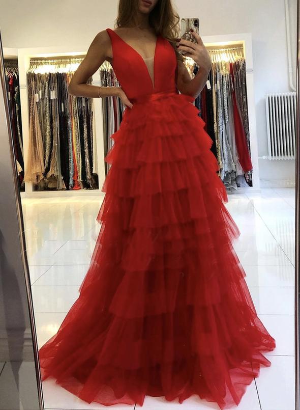 Red v neck tulle long prom dress red evening dress cg15743