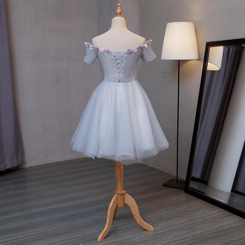 Light Grey Tulle Short Prom Dress With Flowers, Grey Homecoming Dress Graduation Dress cg15747