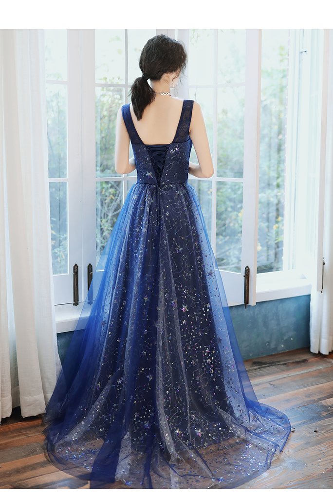 Charming Navy Blue Long Party Dress With Sequins, Blue Evening Gown Prom Dress cg15749