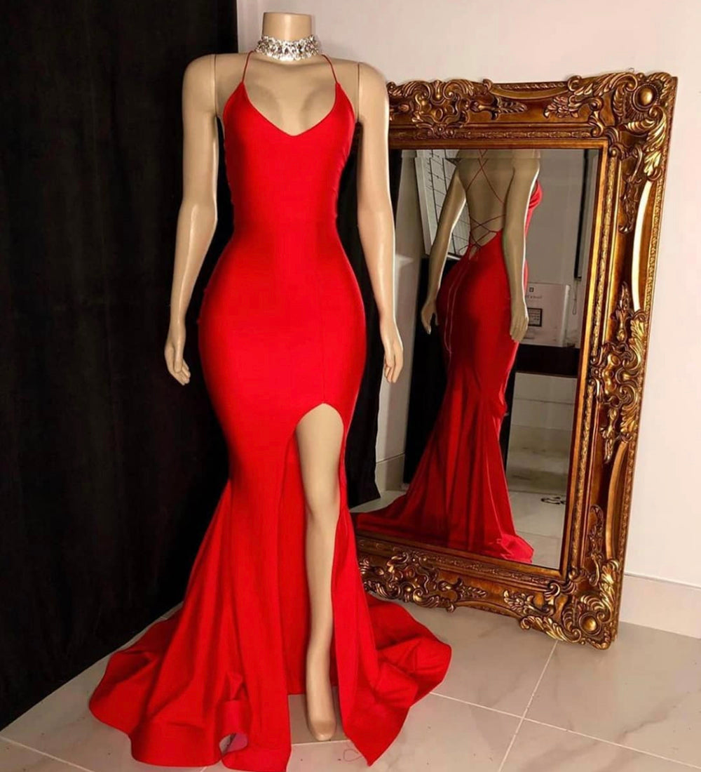 RED SATIN LONG PROM DRESS MERMAID EVENING DRESS cg15753