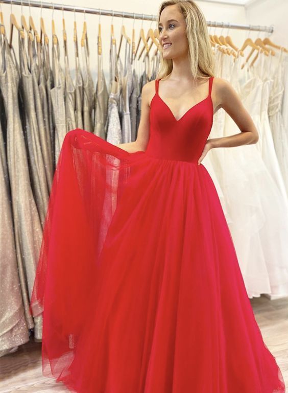 Red v neck tulle long prom dress evening dress cg15755