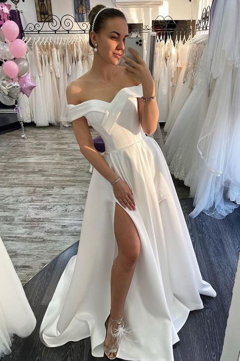 Off the shoulder white long prom dress with split cg15765