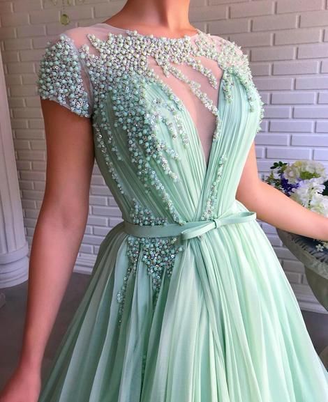 A-line Scoop Mint Green Long Prom Dresses Beading Tulle Evening Dress cg15777
