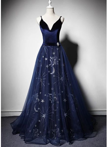 Beautiful Navy Blue Straps Velvet Long Prom Dress, Tulle Blue Evening Gown cg15778
