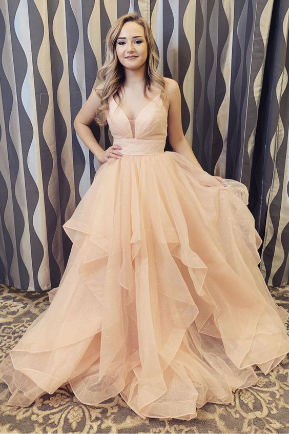 Elegant Straps Champagne Long Prom/Formal Dress With Ruffles cg15793