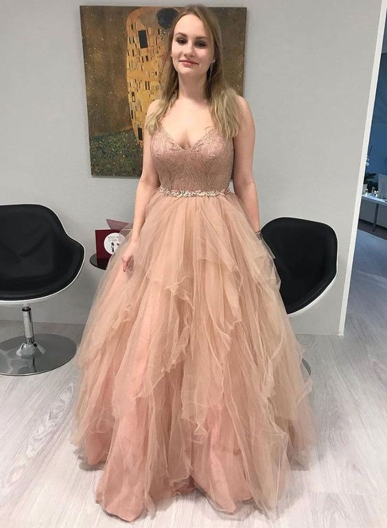 Glamorous A Line V Neck Champagne Long Prom Dresses with Ruffles Beading cg15794