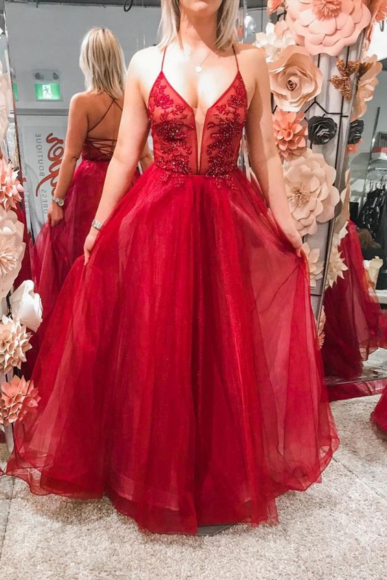 A-line Red Beaded Tulle Gown Prom Dresses cg15806