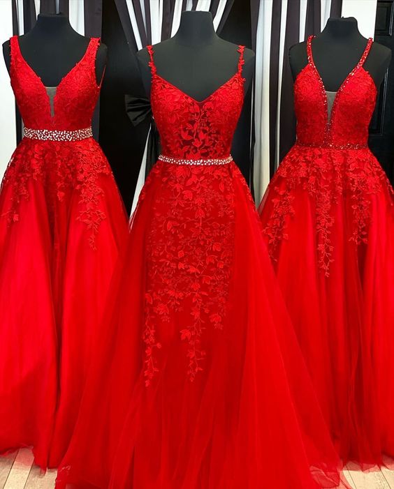 A-line Red Beaded Tulle Gown Prom Dresses cg15807