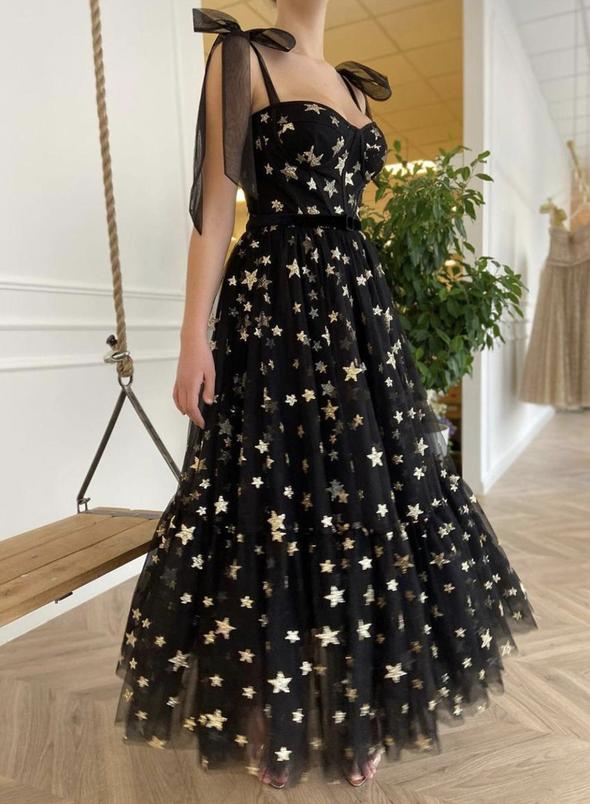 Black tulle sequins short prom dress with stars cg15810