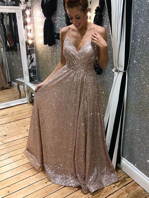 Light Champagne Sparkle Long Prom Dresses,Spaghetti Straps V-Neck Evening Dresses cg15822