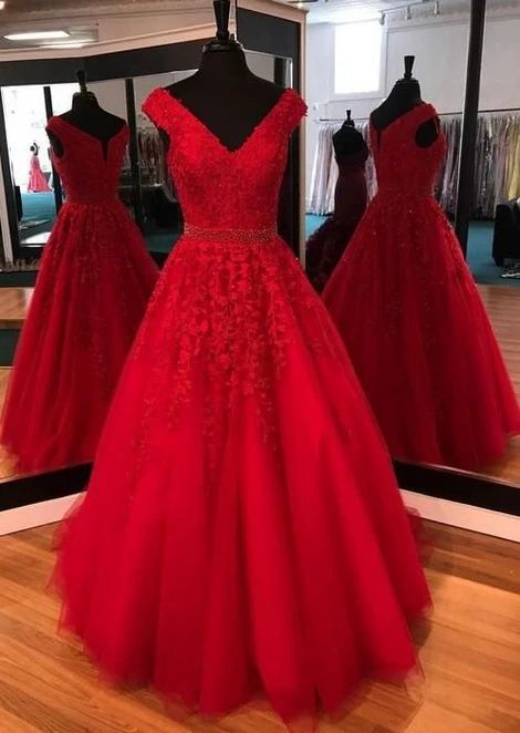 Long Red V-Neck Lace Beaded Prom Dresses Formal Evening Dresses cg15826