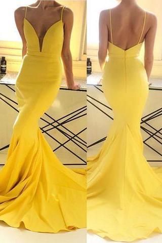 Deep V-Neck Long Prom Dresses, Mermaid Evening Dresses ,Spaghetti Straps Formal Dresses cg15830