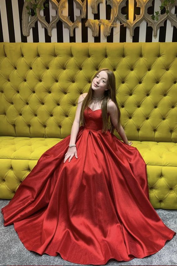 Red satin long prom dress simple evening dress cg15853