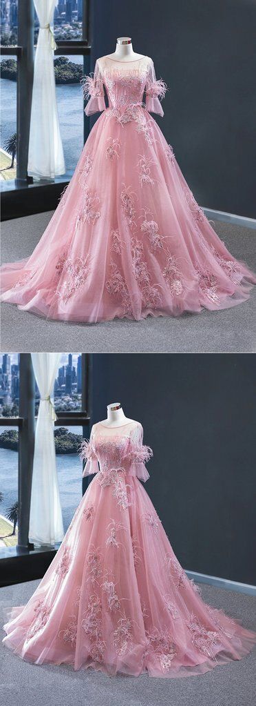 Unique Pink Tulle lace Mid Sleeve Long A Line Formal Prom Dress, Evening Dress cg15862