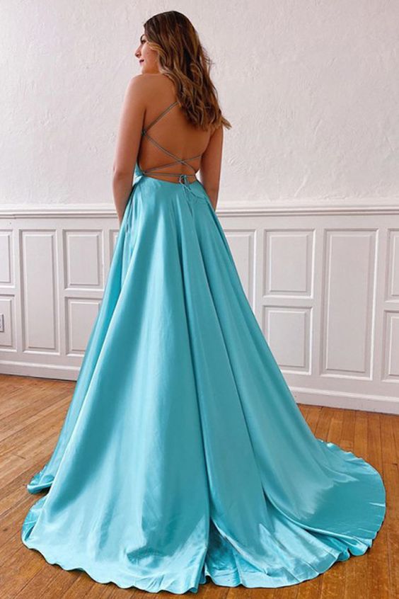 V-Neck Sleeveless Split Tiffany Blue Cross Back Prom/Evening Dress cg15866
